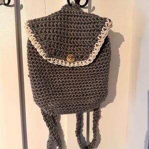 Gray Crochet Backpack with Cream Trim